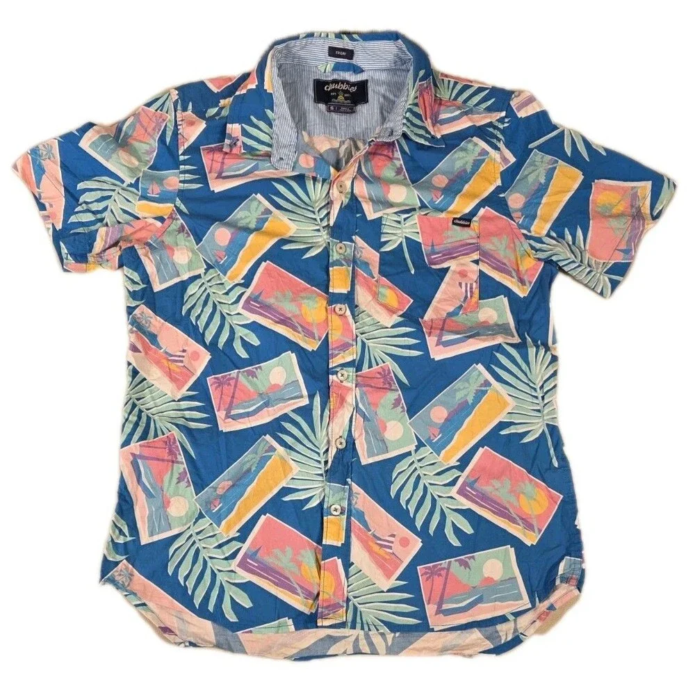 Chubbies Friday Shirt Mens Small Short Sleeve Polo Palms Aloha Beach Boat Island